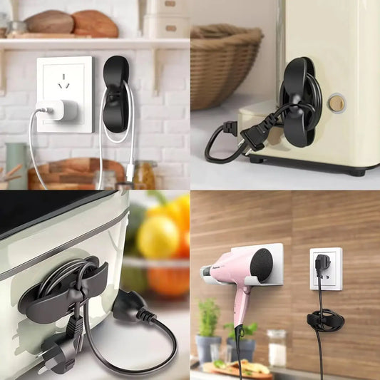Collage of cable organizers in various settings, including a wall socket and kitchen counter.