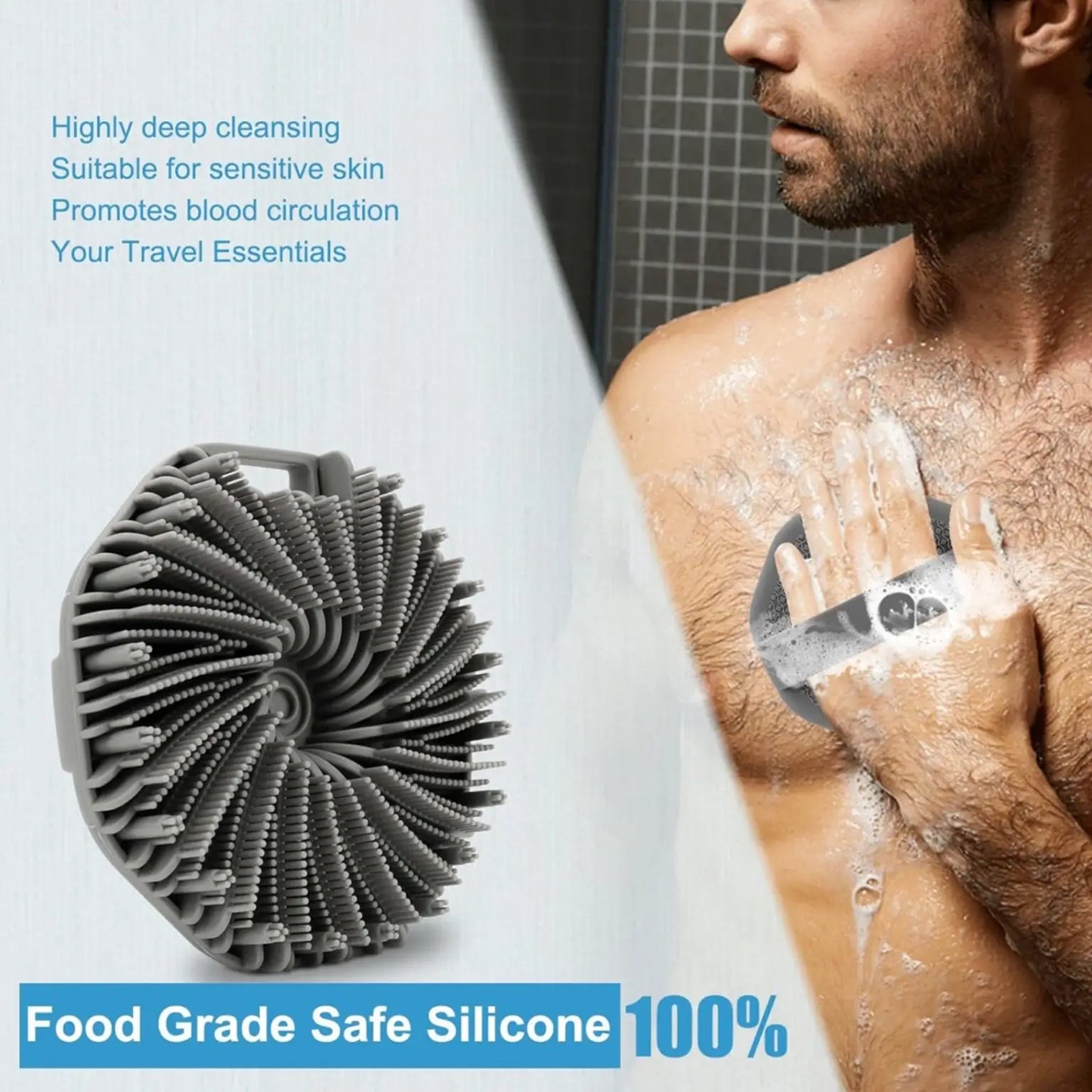 Gray silicone scrubber with text about its benefits and features, shown with a person using it.