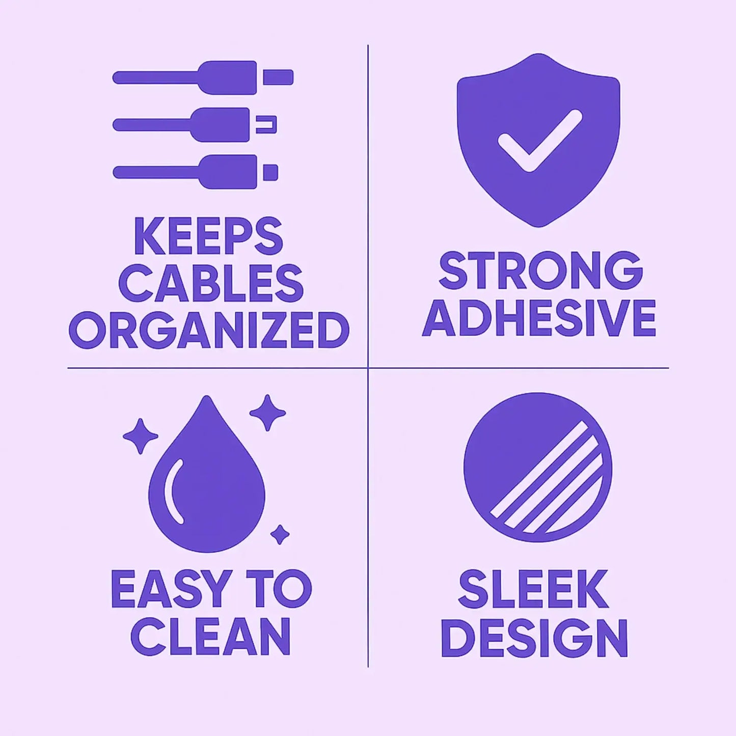 Purple icons and text on a purple background highlighting product features.