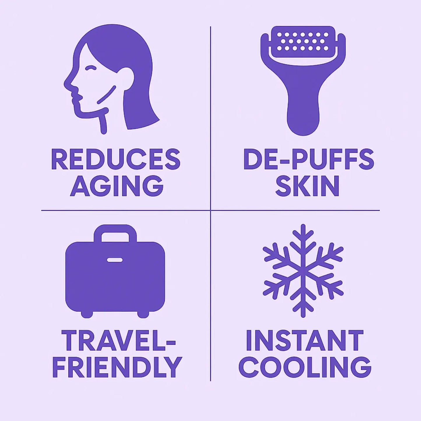 Purple icons and text on a light purple background describing product benefits.