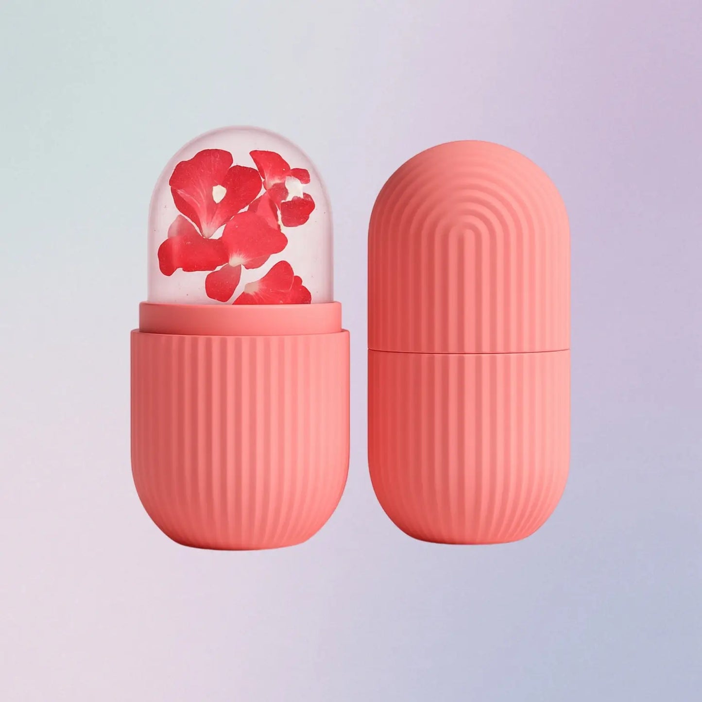 Pink cylindrical container with a clear top featuring red floral design on a light purple background