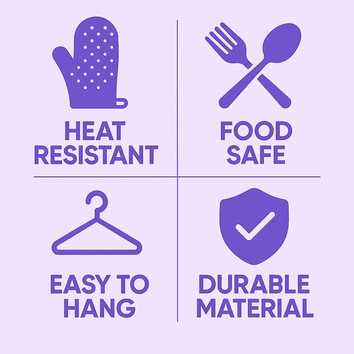 Purple icons and text on a purple background indicating features like heat resistant, food safe, easy to hang, and durable material.