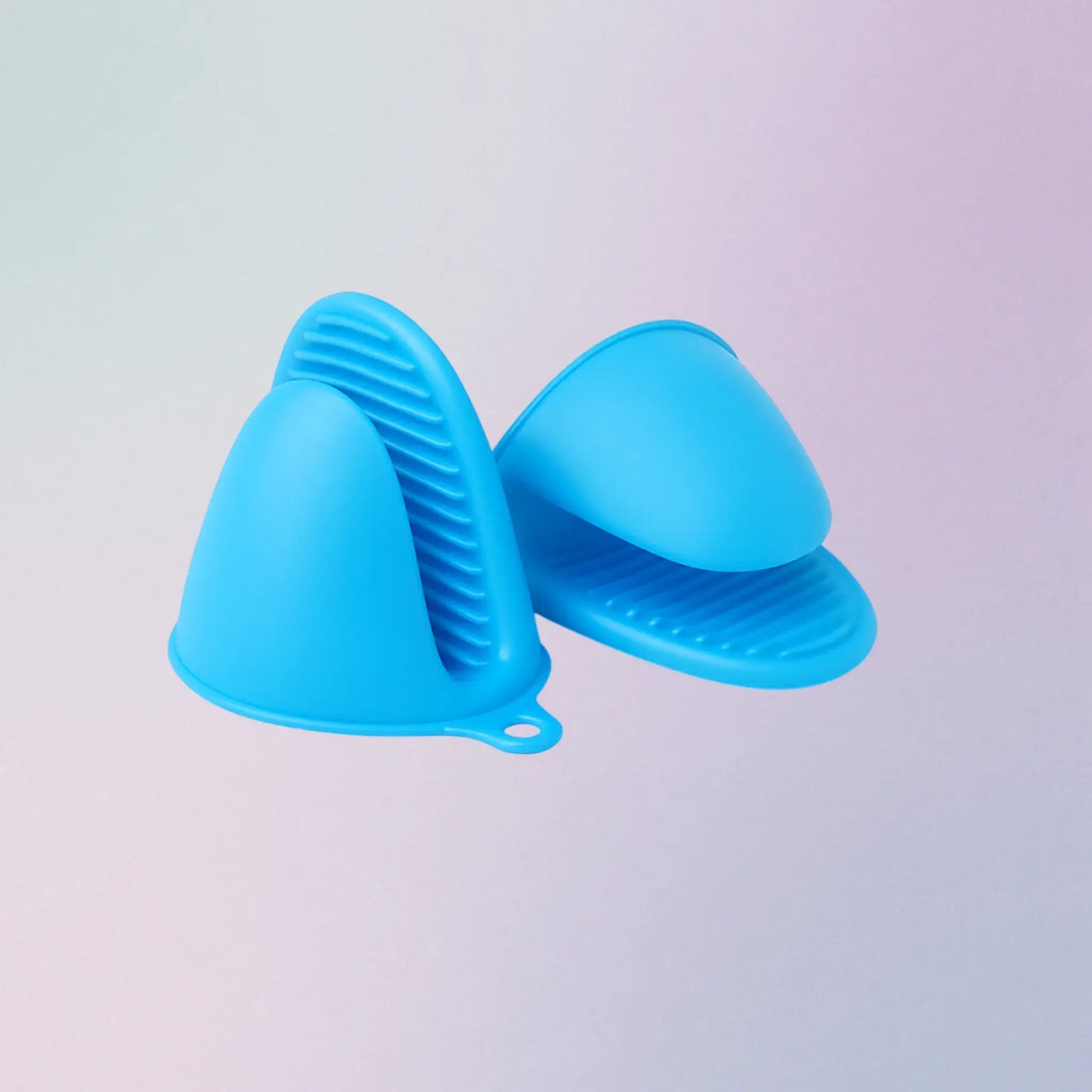 Blue silicone kitchen gloves on a light gray background