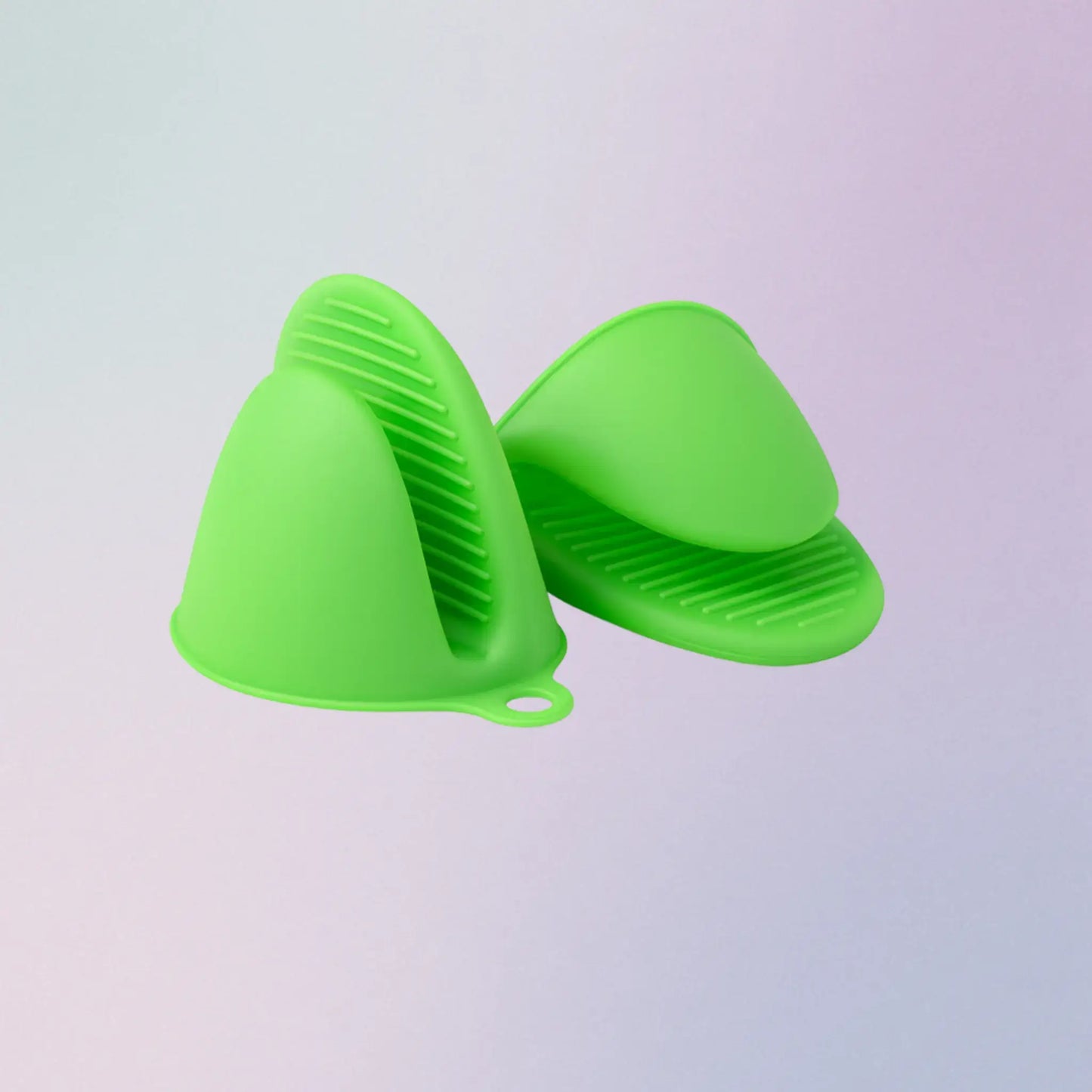 Green silicone kitchen gloves on a light gray background