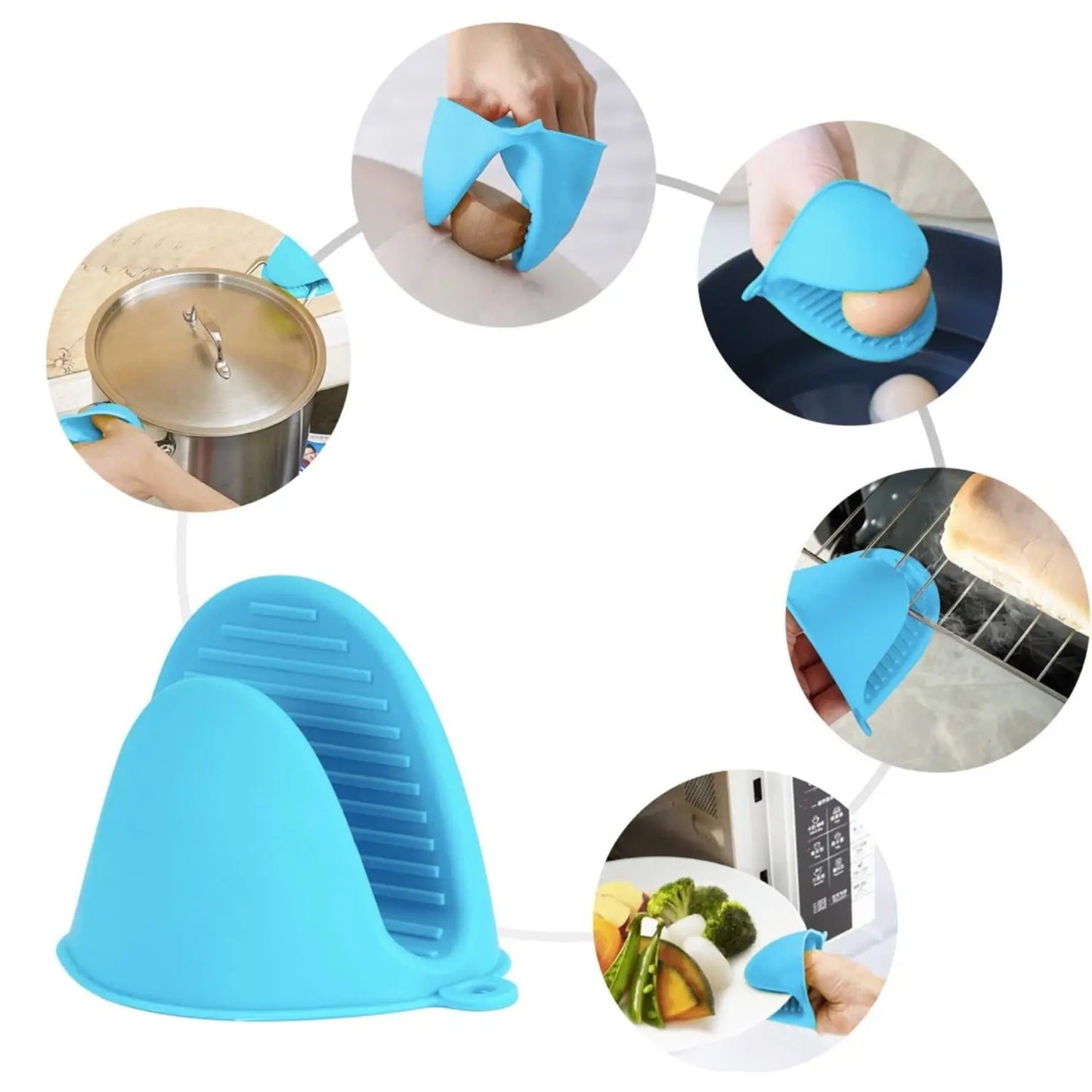 Blue silicone oven mitts used in various cooking scenarios on a white background