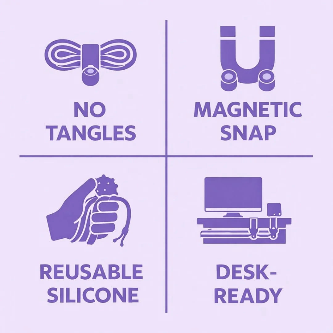 Magnetic cable tie benefits: reusable, snaps shut with magnets, keeps desk cords tidy