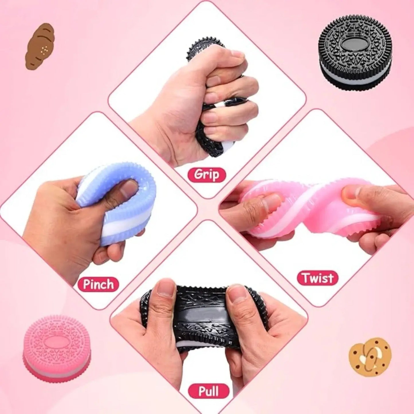 Handheld squishy for grip, pinch, twist, pull, and compression on a pink background
