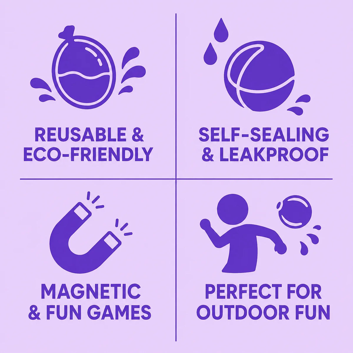 Reusable water balloon benefits: self-sealing magnetic closure, no tying, for pool and beach fun