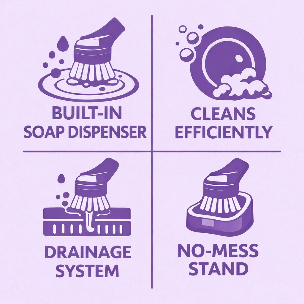 Dish brush benefits: one-press soap dispensing, tough bristles, drainage stand keeps counters tidy