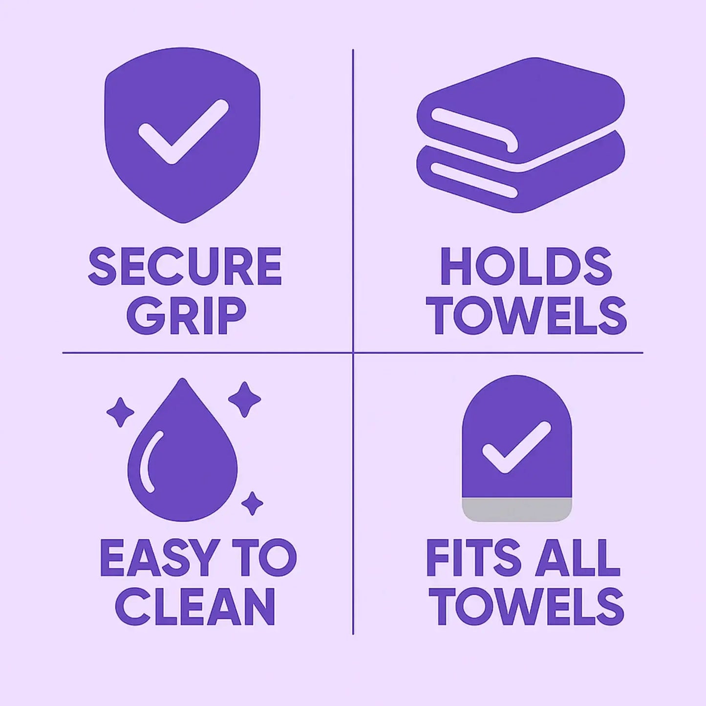 Purple icons and text on a purple background describing features of a towel holder.