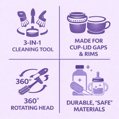 Cup lid brush benefits: 360° rotating head plus crevice and corner cleaners for lids and rim grooves