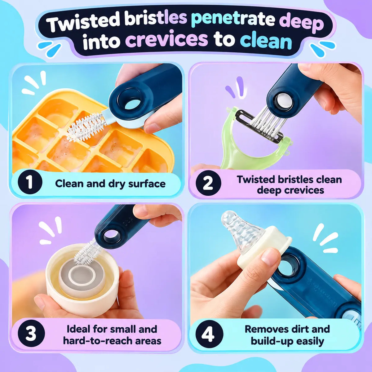 3-in-1 brush cleaning the narrow gap in a cup lid in different scenarios