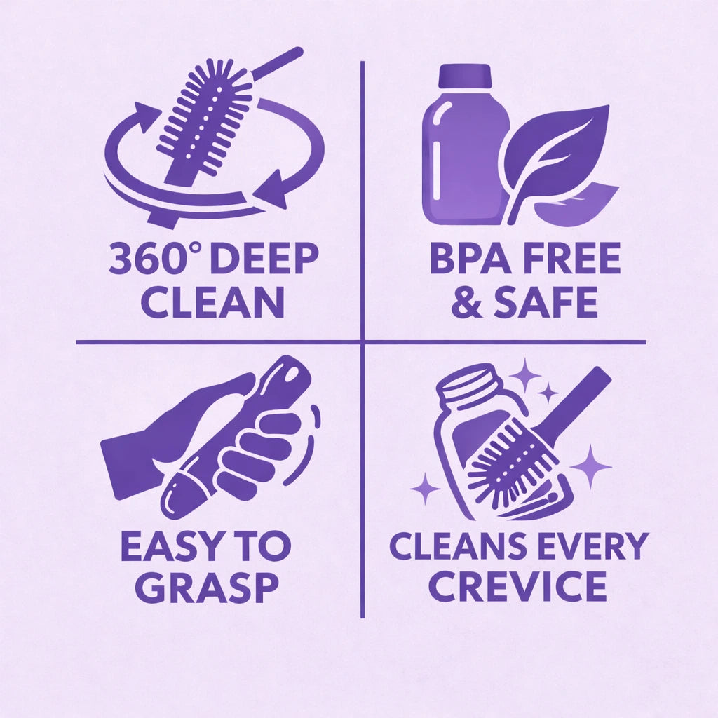 Bottle brush set benefits: cleans bottles, nipples, lids and straws, BPA-free and reusable
