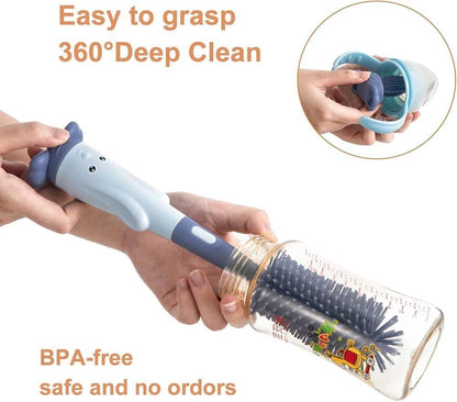 Silicone bottle brush cleaning the inside of a baby bottle