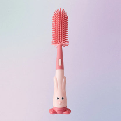 Pink 360° silicone bottle brush cleaner set for baby bottles, nipples and straws