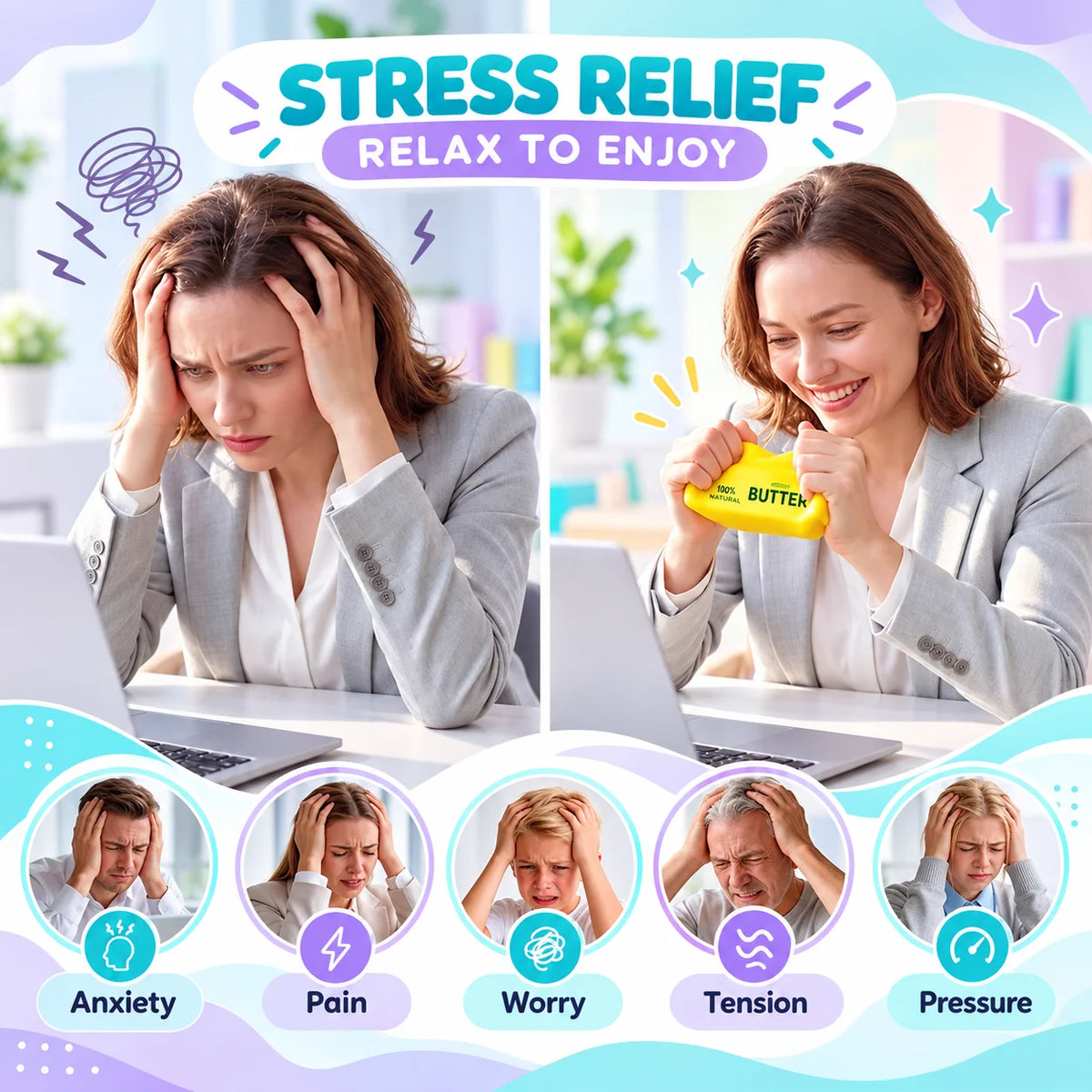 Hand squeezing the butter squishy on a desk for stress relief