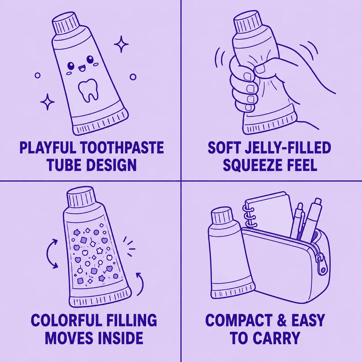 Chiboki toothpaste squishy benefits: soft jelly squeeze, moving fruit pieces, calming sensory play