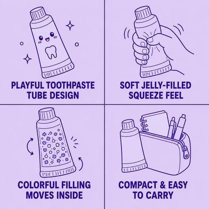 Chiboki toothpaste squishy benefits: soft jelly squeeze, moving fruit pieces, calming sensory play