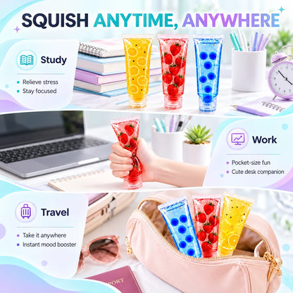 Hand squeezing a Chiboki toothpaste squishy as the fruit pieces move inside while showcasing the different environments to be used in