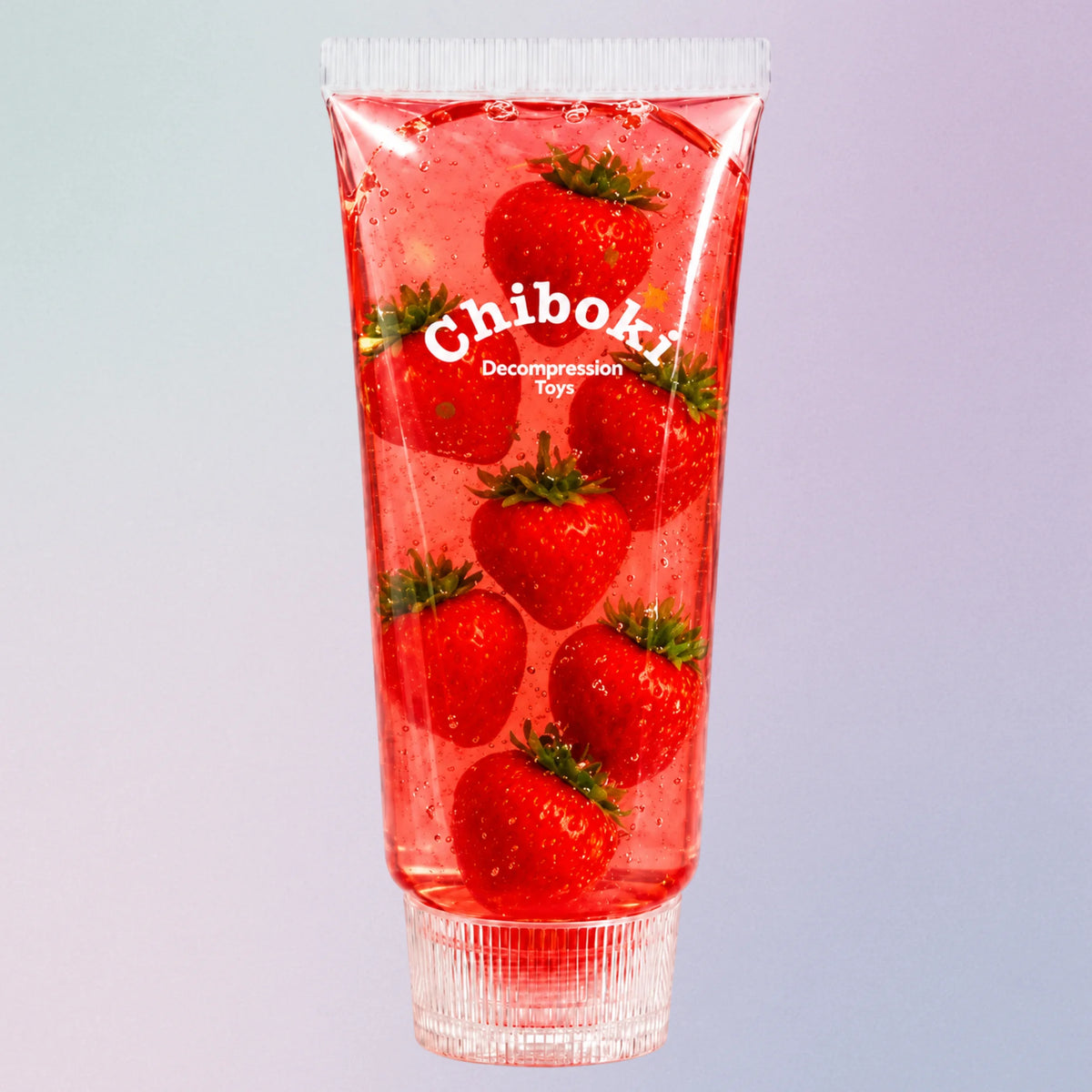 Red strawberry Chiboki toothpaste squishy, a jelly sensory toy with fruit pieces inside