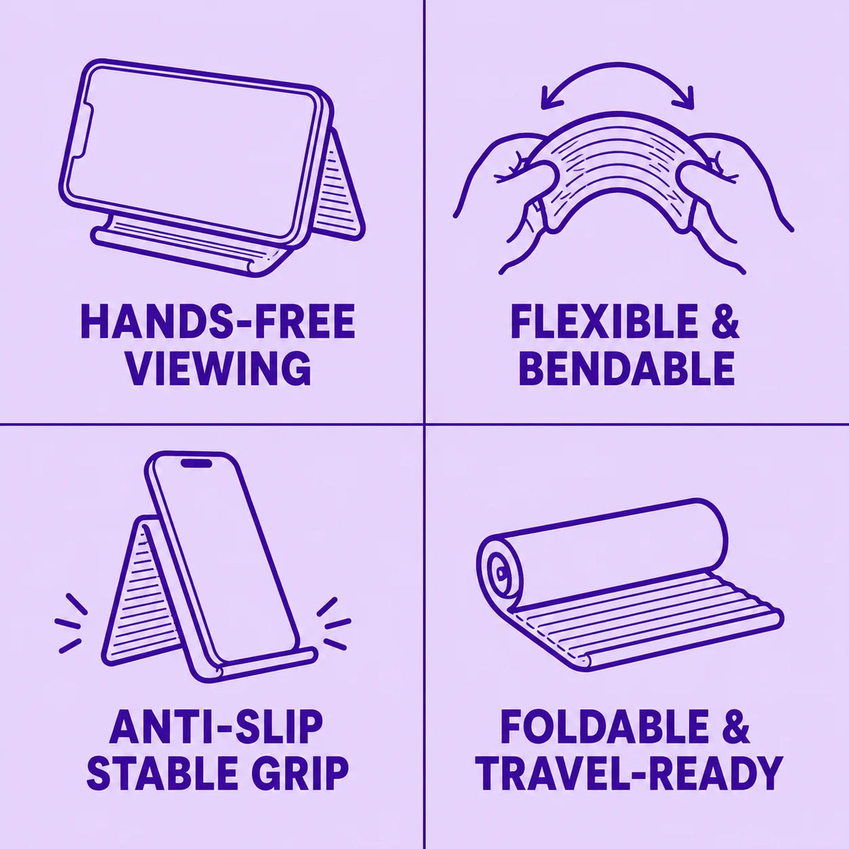 Foldable phone stand benefits: hands-free viewing, bends to any angle, folds flat to carry