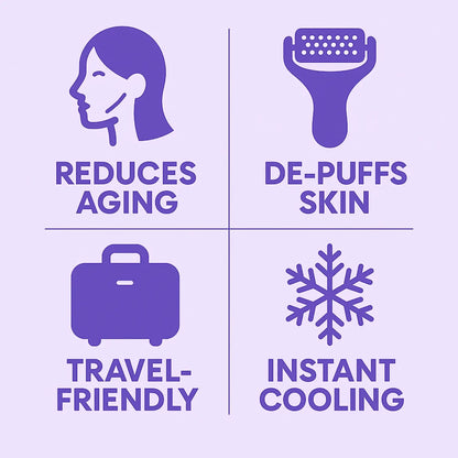 Purple icons and text on a light purple background describing product benefits.