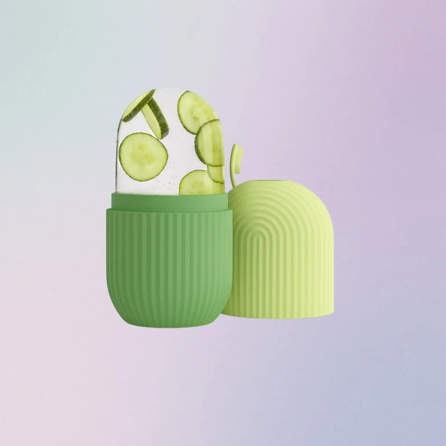 Green and yellow container with sliced cucumbers on a gradient background