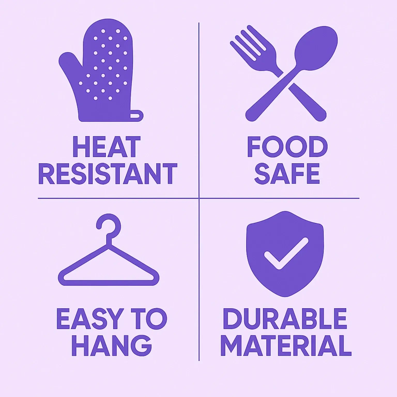 Purple icons and text on a purple background indicating features like heat resistant, food safe, easy to hang, and durable material.