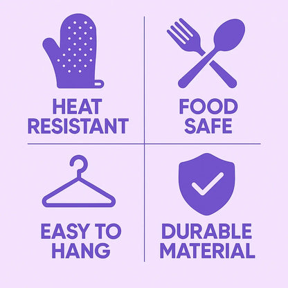 Purple icons and text on a purple background indicating features like heat resistant, food safe, easy to hang, and durable material.