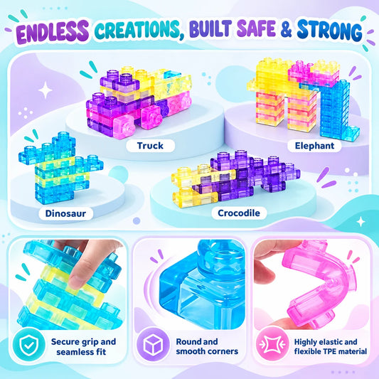 Soft Magic Gummy squishy building blocks stacked into many different buids