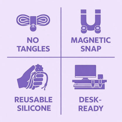 Magnetic cable tie benefits: reusable, snaps shut with magnets, keeps desk cords tidy