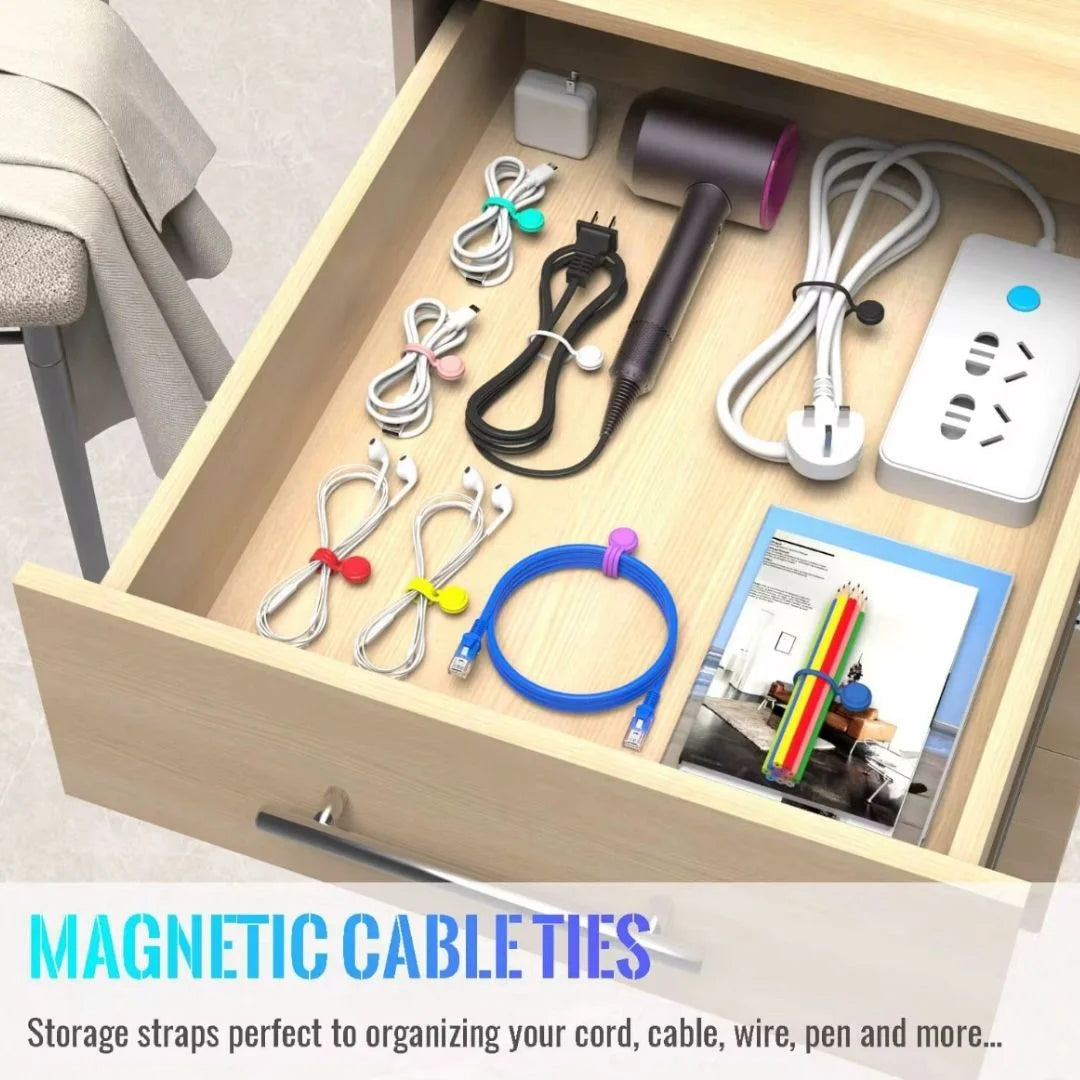Magnetic cable ties keeping charging and appliance cords neat in a drawer
