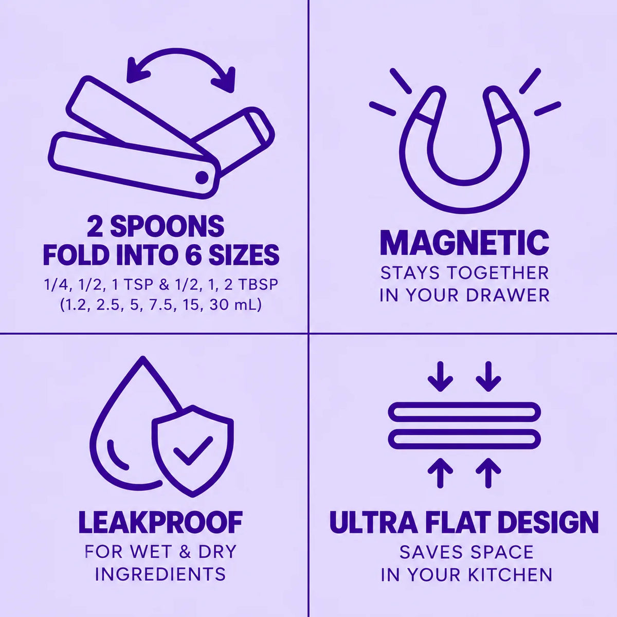 6-in-1 folding measuring spoons benefits: 2 spoons fold into 6 sizes, magnetic, leakproof for wet and dry ingredients, ultra flat design