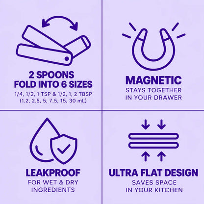 6-in-1 folding measuring spoons benefits: 2 spoons fold into 6 sizes, magnetic, leakproof for wet and dry ingredients, ultra flat design