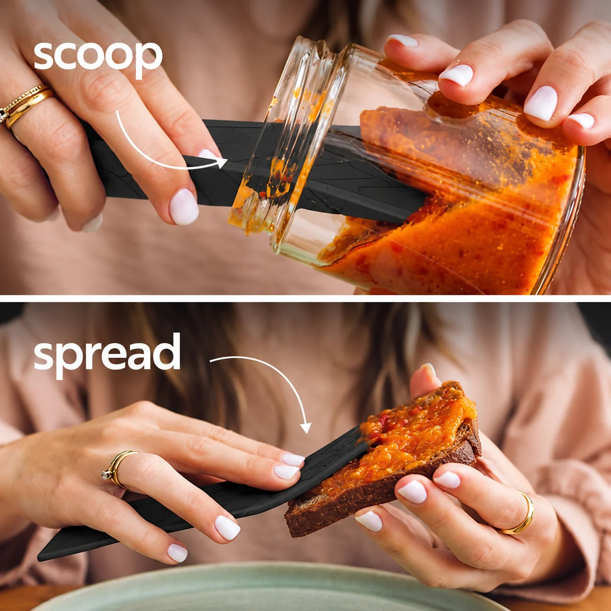 Magnetic measuring spoons used to scoop jam and spread it on a toast
