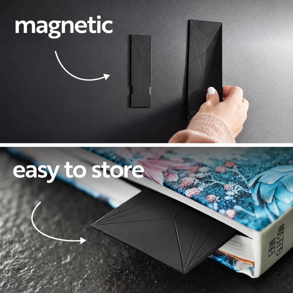 Magnetic measuring spoons stuck on a refrigerator and in a recipe book