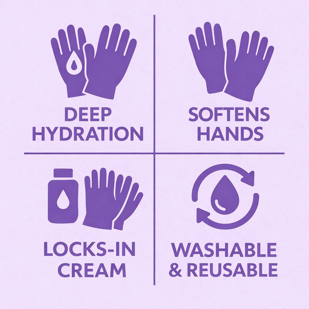 Moisturizing glove benefits: locks in hand cream and softens dry, rough hands in about 30 minutes