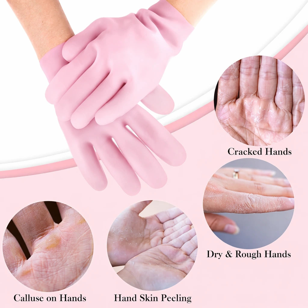 Hands wearing silicone moisturizing gloves over hand cream while showcasing different use cases