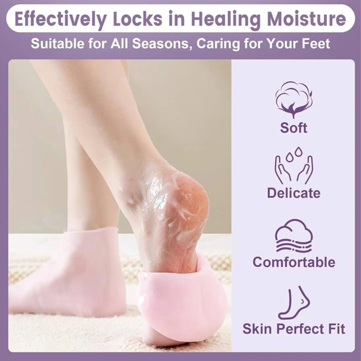 Feet wearing silicone moisturizing socks over foot cream