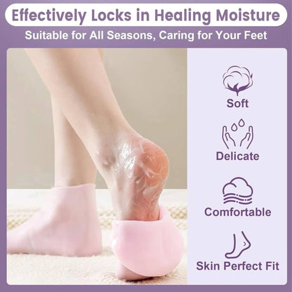 Feet wearing silicone moisturizing socks over foot cream