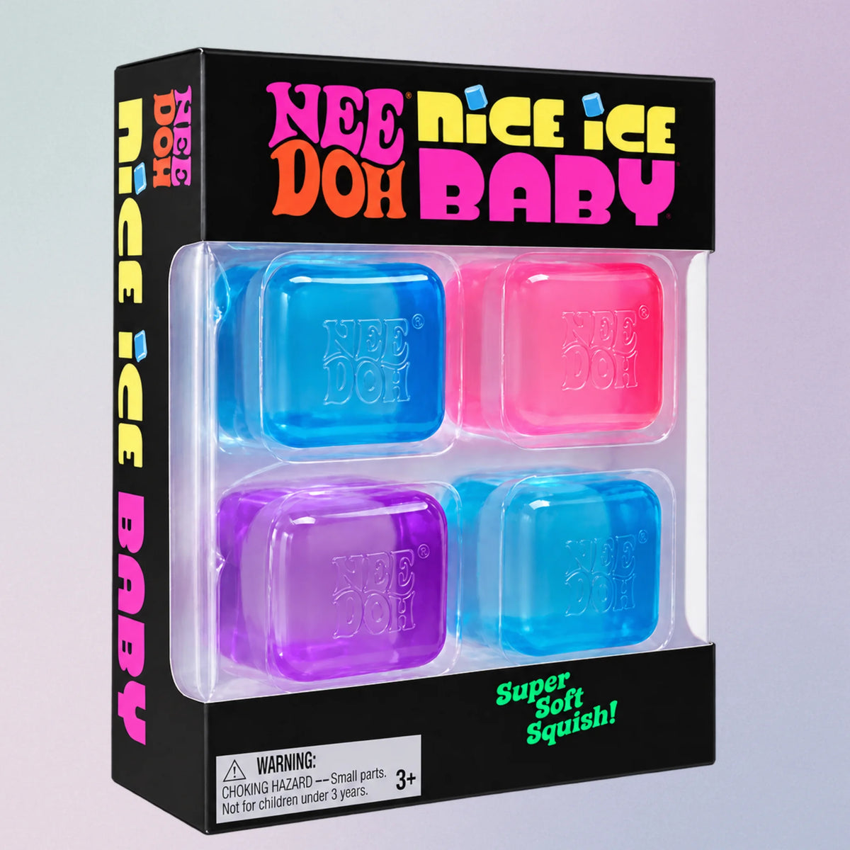NeeDoh Nice Ice Baby 4-pack of mini squishy cubes in blue, pink and purple