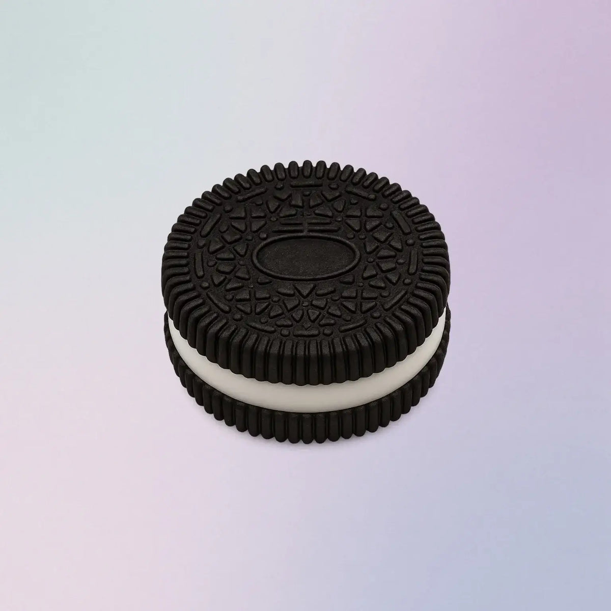 Black cookie-shaped Oreo squishy stress toy with white filling