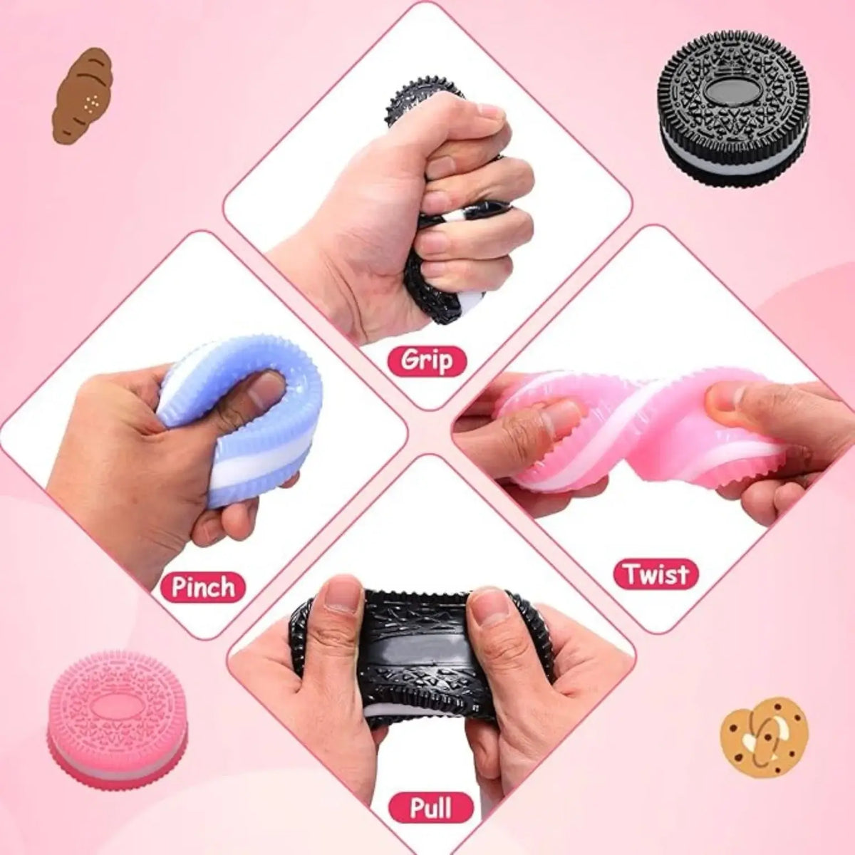Handheld squishy for grip, pinch, twist, pull, and compression on a pink background