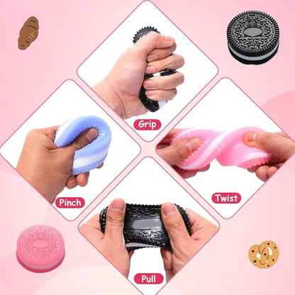Handheld squishy for grip, pinch, twist, pull, and compression on a pink background