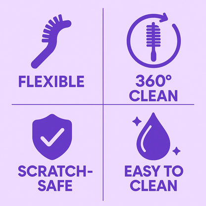 Bottle brush benefits: scratch-free silicone bristles, dishwasher-safe, BPA-free