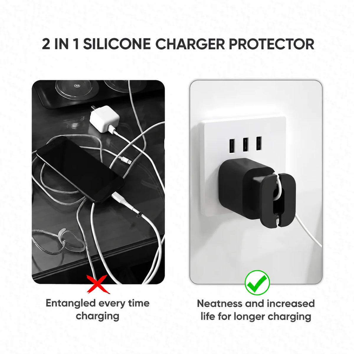 Close-up comparison of messy cables without the charger organizer, while showcasing the organized cables around the charger organizer plugged in the wall
