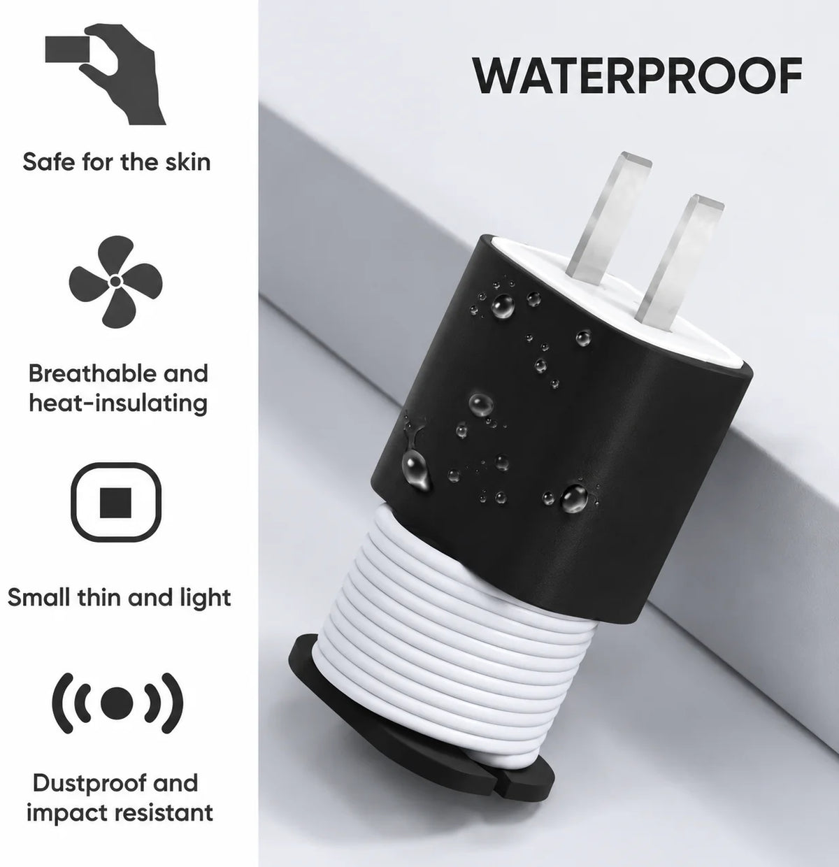 Silicone charger protector on a phone charger with the cable neatly wrapped around it, showcasing the benefits next to it