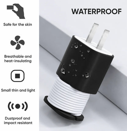 Silicone charger protector on a phone charger with the cable neatly wrapped around it, showcasing the benefits next to it