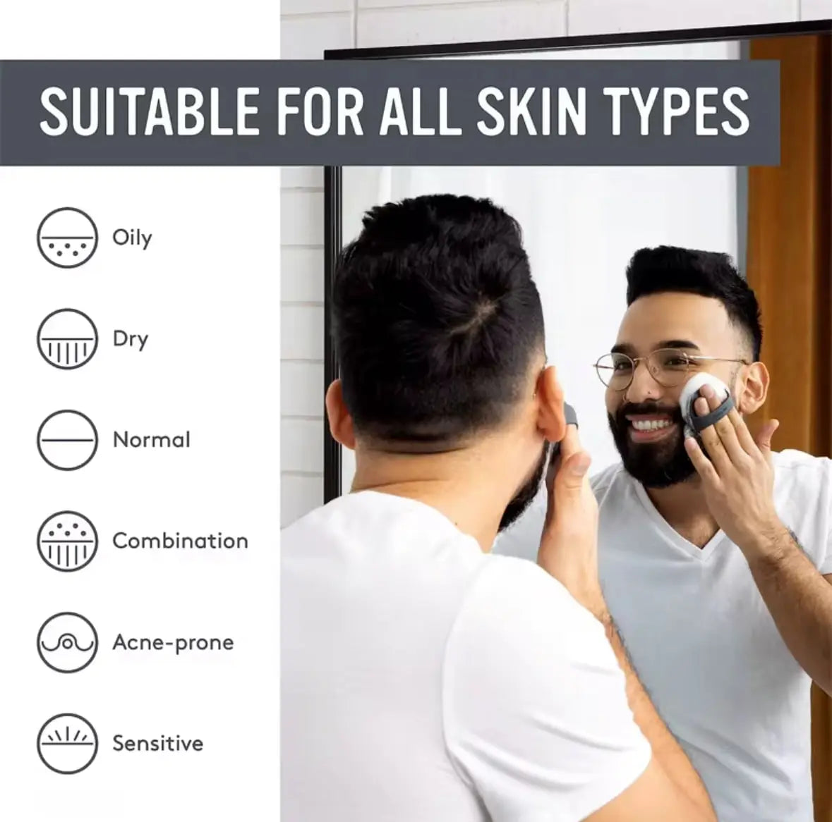 Face being cleansed with a silicone face scrubber and foaming cleanser