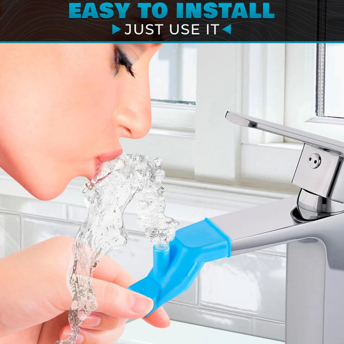 Silicone faucet extender on a bathroom tap bringing water closer for face washing